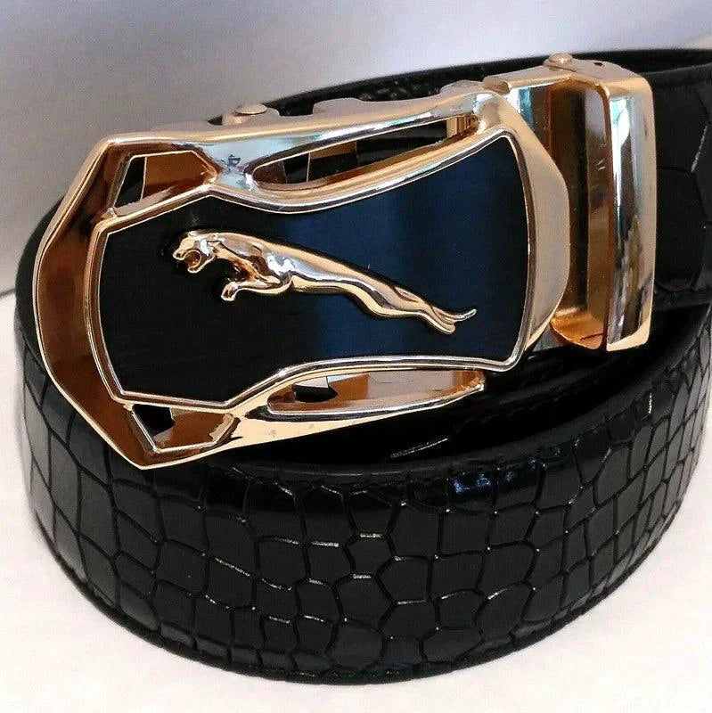 Men's leather belt with automatic buckle featuring a leopard sports car design by MANDOTOS, stylish and sleek accessory.