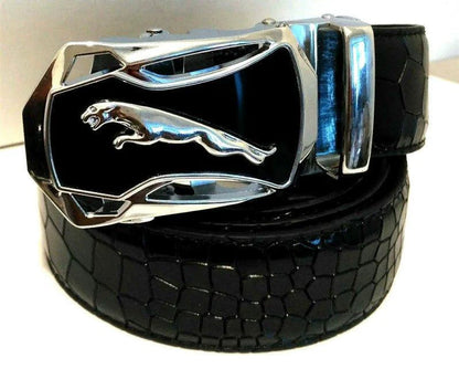 Men's leather belt with automatic buckle featuring a leopard and sports car design by MANDOTOS.