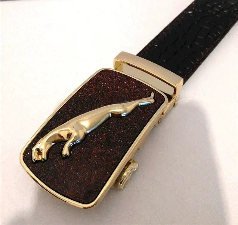 Men's leather belt with automatic buckle featuring a leopard and sports car design, stylish accessory by MANDOTOS.