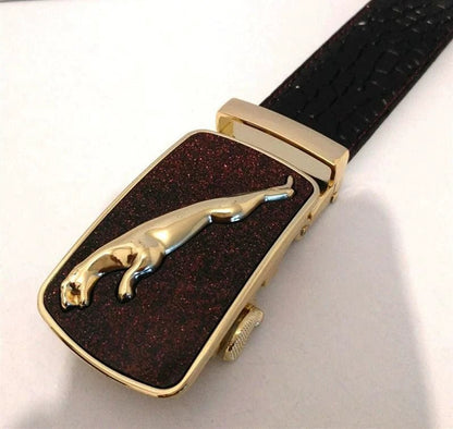 Men's leather belt with automatic buckle featuring a leopard and sports car design, stylish accessory by MANDOTOS.