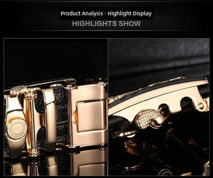 Men's leather belt with automatic buckle featuring a stylish leopard and sports car design by MANDOTOS.