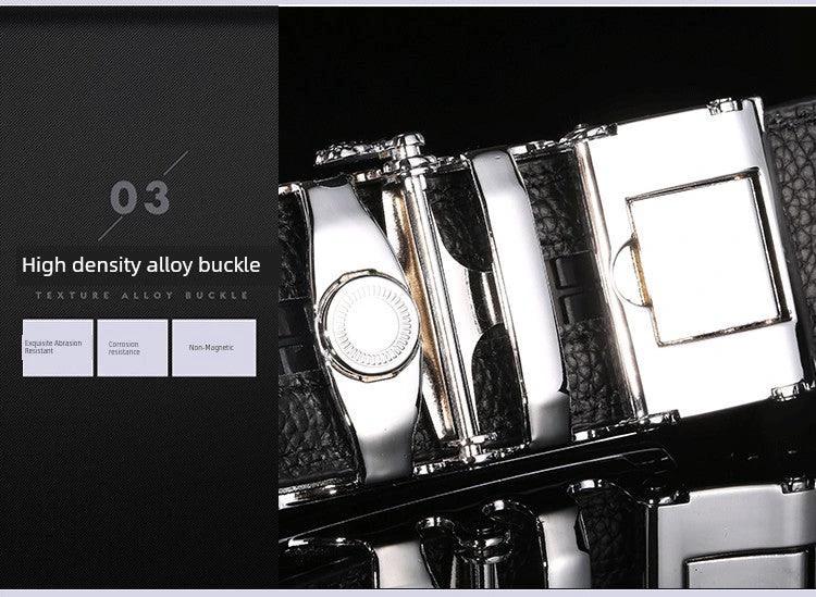 Men's automatic buckle leather belt by MANDOTOS featuring a leopard sports car design, stylish accessory for casual or formal wear.