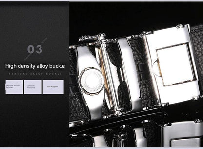 Men's automatic buckle leather belt by MANDOTOS featuring a leopard sports car design, stylish accessory for casual or formal wear.