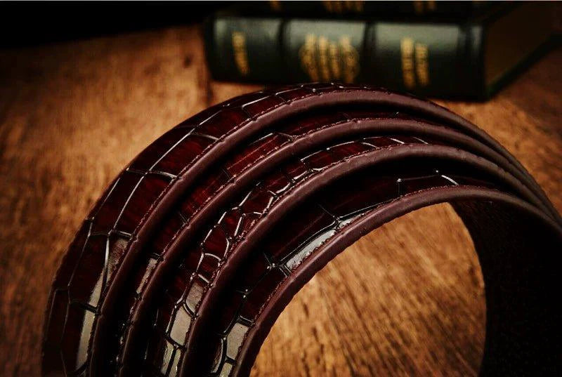 Men's leather belt with automatic buckle featuring a leopard sports car design, by MANDOTOS.