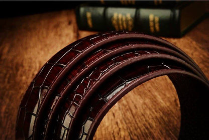 Men's leather belt with automatic buckle featuring a leopard sports car design, by MANDOTOS.