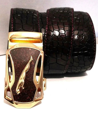 Men's automatic buckle leather belt by MANDOTOS featuring a stylish leopard sports car design and durable leather strap.