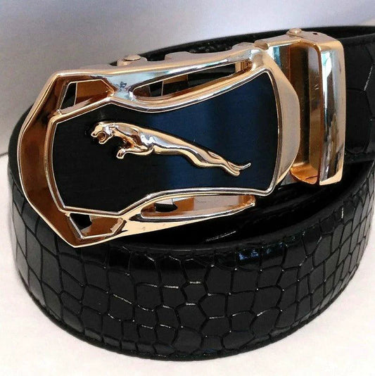 Men's leather belt with automatic buckle featuring a leopard sports car design by MANDOTOS.