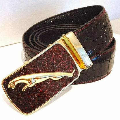Men's leather belt with automatic buckle featuring a leopard sports car design by MANDOTOS, showcasing a stylish and bold accessory.