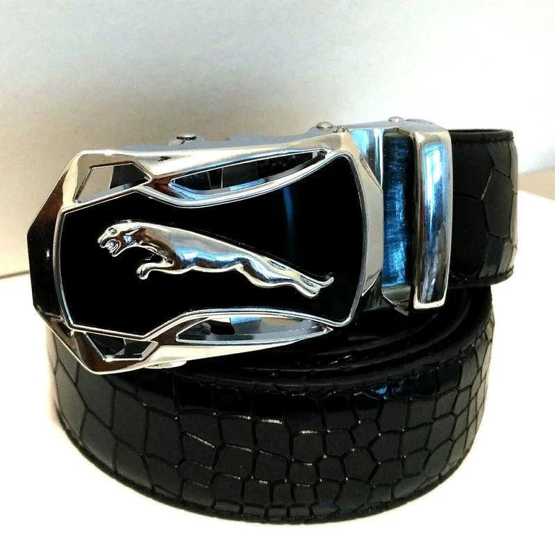 Men's leather belt with automatic buckle featuring a leopard sports car design, by MANDOTOS.