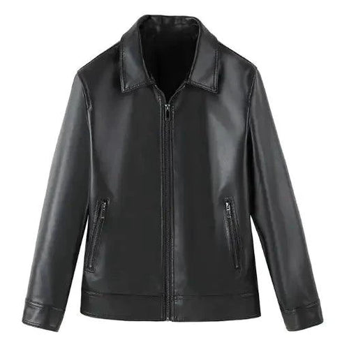 Men's autumn-winter leather sports jacket by MANDOTOS, featuring a stylish design with a front zipper and high collar.