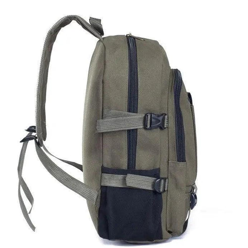 Mandotos men's canvas backpack with multiple compartments, ideal for students and casual use, featuring adjustable straps and durable design.