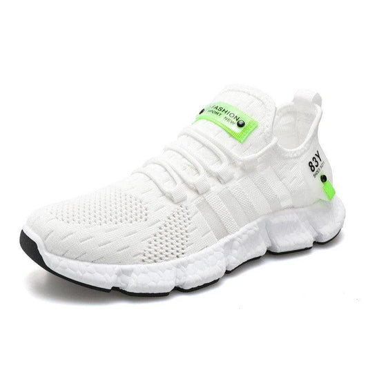 Men's breathable mesh sports shoes with flying weave upper by MANDOTOS, showing lightweight design and athletic style.