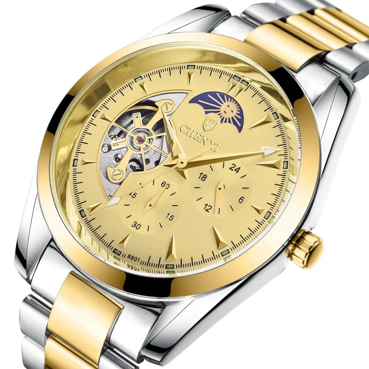 Mandotos men's business mechanical watch with black dial and stainless steel band, classic style for professional attire