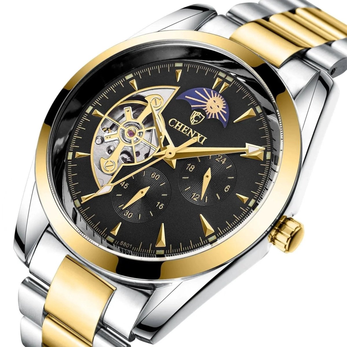 Men's business mechanical watch by MANDOTOS showing a sleek black dial with silver hour markers and a stainless steel strap.