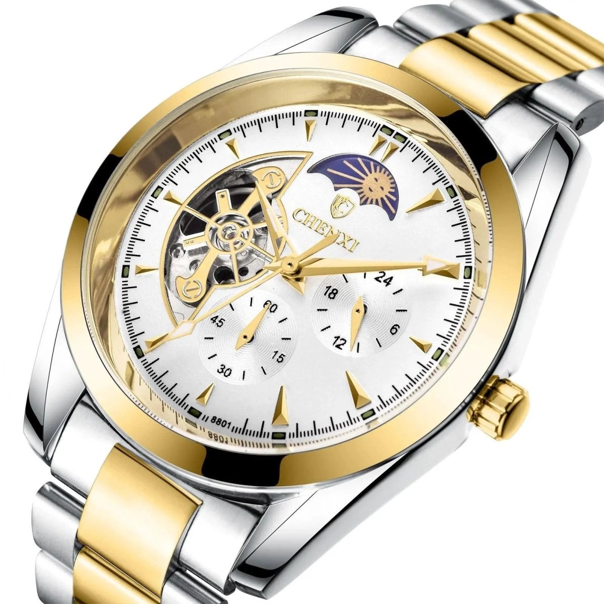 Mandotos men's business mechanical watch with black leather strap and silver dial, showcasing elegant, classic design.