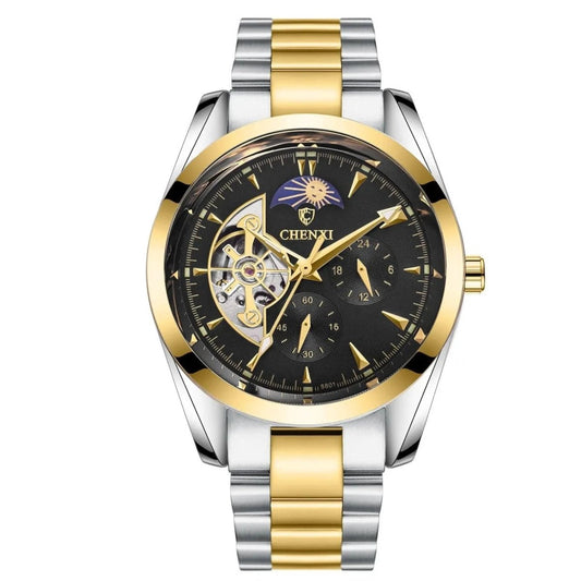 Mandotos men's business mechanical watch with a sleek black dial and stainless steel band.