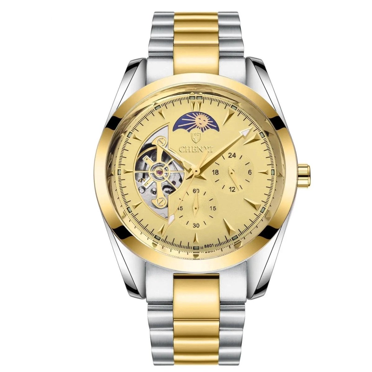 Mandotos men's business mechanical watch with black leather strap and silver dial, showcasing elegant, professional style.