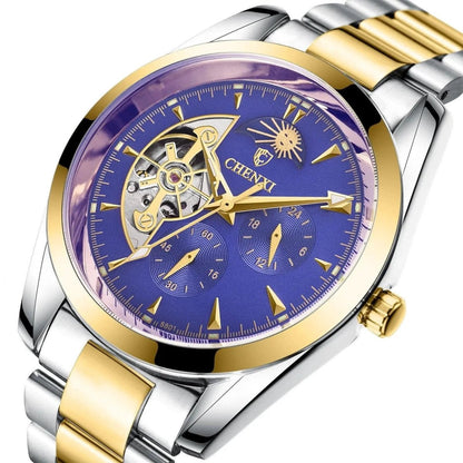 Mandotos men's business mechanical watch with black dial, silver case, and leather strap on a formal wrist.