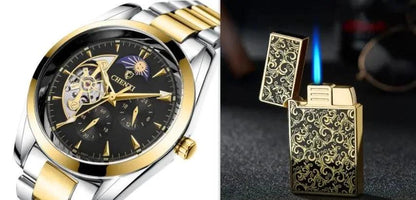 Men's business mechanical watch by MANDOTOS with a sleek black dial, stainless steel case, and classic design.