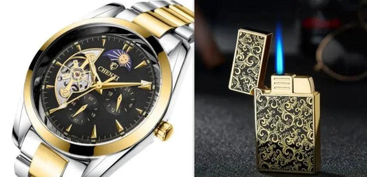 Men's business mechanical watch by MANDOTOS with a sleek black dial, stainless steel case, and classic design.