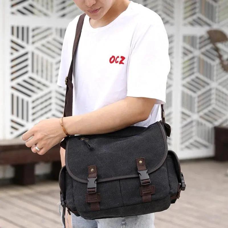 Men's canvas shoulder bag by MANDOTOS, multifunctional messenger bag with adjustable strap and multiple compartments.