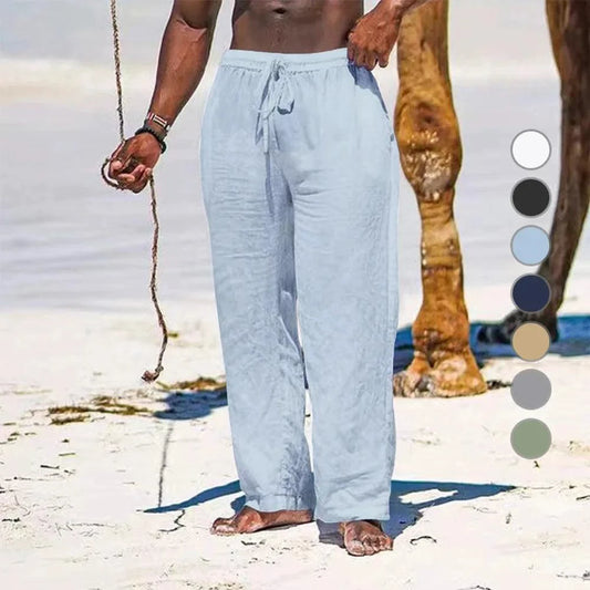 Men's casual cotton linen elastic waist pants by MANDOTOS, streetwear style, featuring relaxed fit and comfortable design.