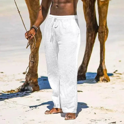Men's casual cotton linen elastic waist pants with streetwear style, in neutral tones, by MANDOTOS.