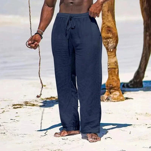 Mandotos men's casual cotton linen pants with elastic waist and streetwear style, shown in a relaxed fit with versatile design.
