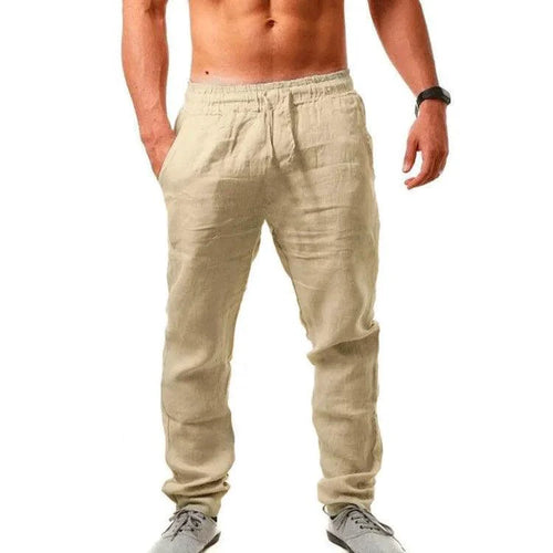 Men's casual cotton linen elastic waist pants by MANDOTOS, streetwear style with relaxed fit and comfortable design.