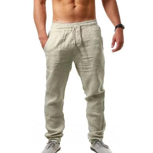 Men's casual cotton linen elastic waist pants by MANDOTOS featuring streetwear style and relaxed fit, perfect for everyday wear.
