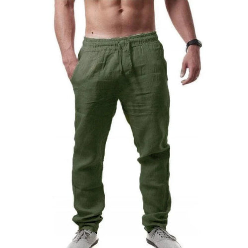 Men's casual cotton linen elastic waist pants with streetwear style, featuring a relaxed fit and neutral color from MANDOTOS.