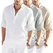 Men's casual cotton linen long sleeve shirt with stand collar, solid color, loose fit by MANDOTOS.