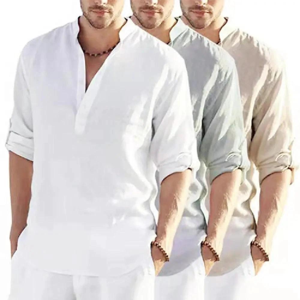 Men's casual cotton linen long sleeve shirt with stand collar, solid color, loose fit by MANDOTOS.