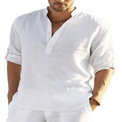 Men's casual cotton linen long sleeve shirt with a loose fit and stand collar, in solid color by MANDOTOS.