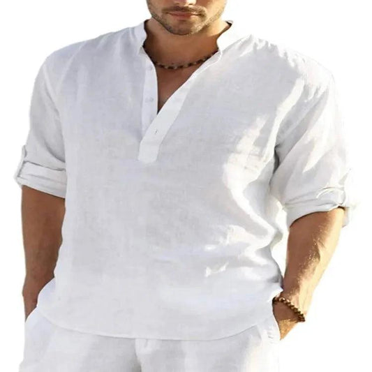 Men's casual cotton linen long sleeve shirt with a loose fit and stand collar, in solid color by MANDOTOS.