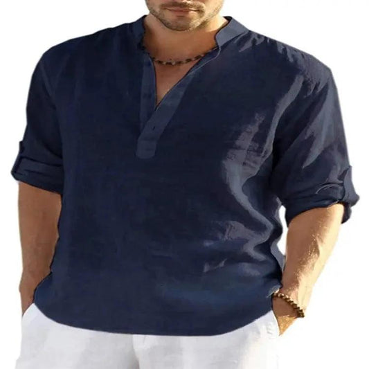 Men's casual cotton linen long sleeve shirt with a loose fit and stand collar by MANDOTOS, in a solid color.