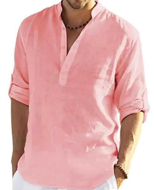 Mandotos men's casual cotton linen long sleeve shirt with a solid color, loose fit, and stand collar for a relaxed style.