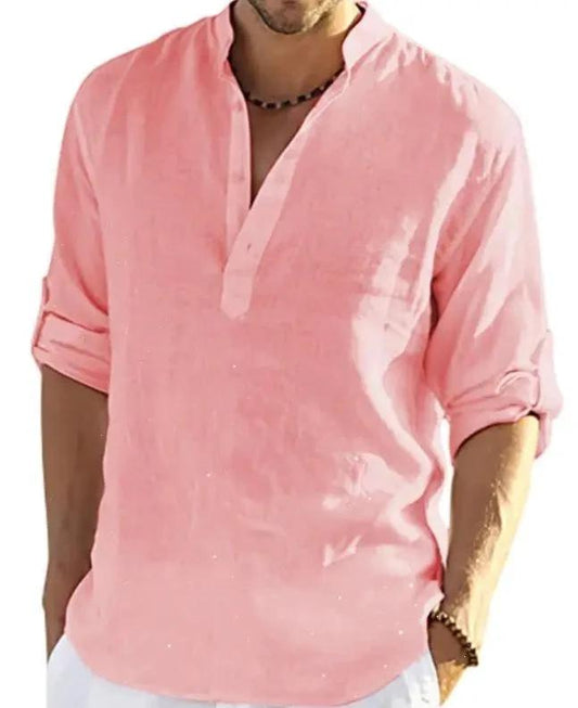 Mandotos men's casual cotton linen long sleeve shirt with a solid color, loose fit, and stand collar for a relaxed style.