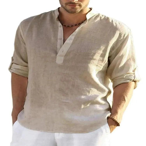 Men's casual cotton linen long sleeve shirt with a loose fit and stand collar, in solid color by MANDOTOS.