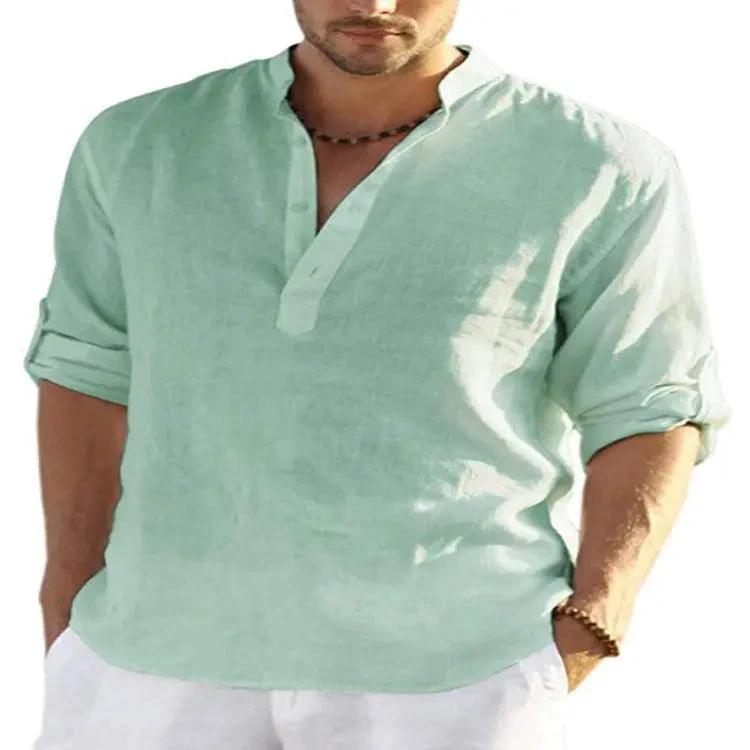 Men's casual cotton linen long sleeve shirt with a loose fit and stand collar by MANDOTOS, solid color, perfect for relaxed style.