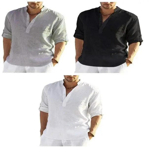 Men's casual cotton linen long sleeve shirt with a loose fit and stand collar by MANDOTOS, in a solid color.