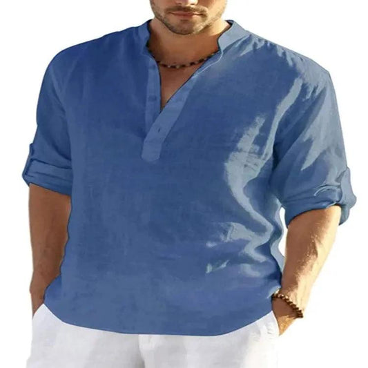 Men's casual cotton linen long sleeve shirt with loose fit and stand collar, in solid color by MANDOTOS.