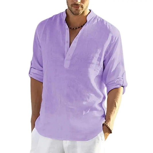 Men's casual cotton linen long sleeve shirt with stand collar, solid color, loose fit by MANDOTOS.