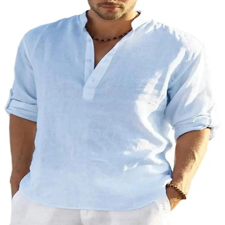 Men's casual cotton linen long sleeve shirt with a loose fit and stand collar by MANDOTOS, in a solid color.