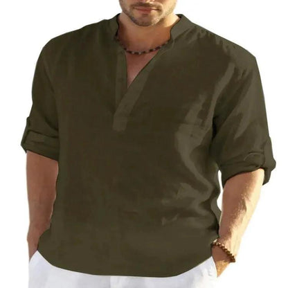 Men's casual cotton linen long sleeve shirt with stand collar, solid color, loose fit, by MANDOTOS.