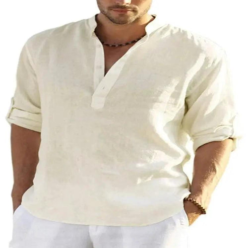 Men's casual cotton linen long sleeve shirt with stand collar, solid color, loose fit, by MANDOTOS