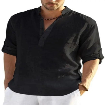 Men's casual cotton linen long sleeve shirt with stand collar, solid color, loose fit, by MANDOTOS