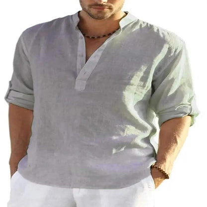 Men's casual cotton linen long sleeve shirt with loose fit and stand collar, solid color by MANDOTOS
