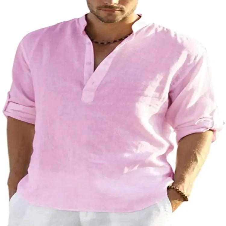 Men's casual cotton linen long sleeve shirt with stand collar in solid color, loose fit by MANDOTOS.