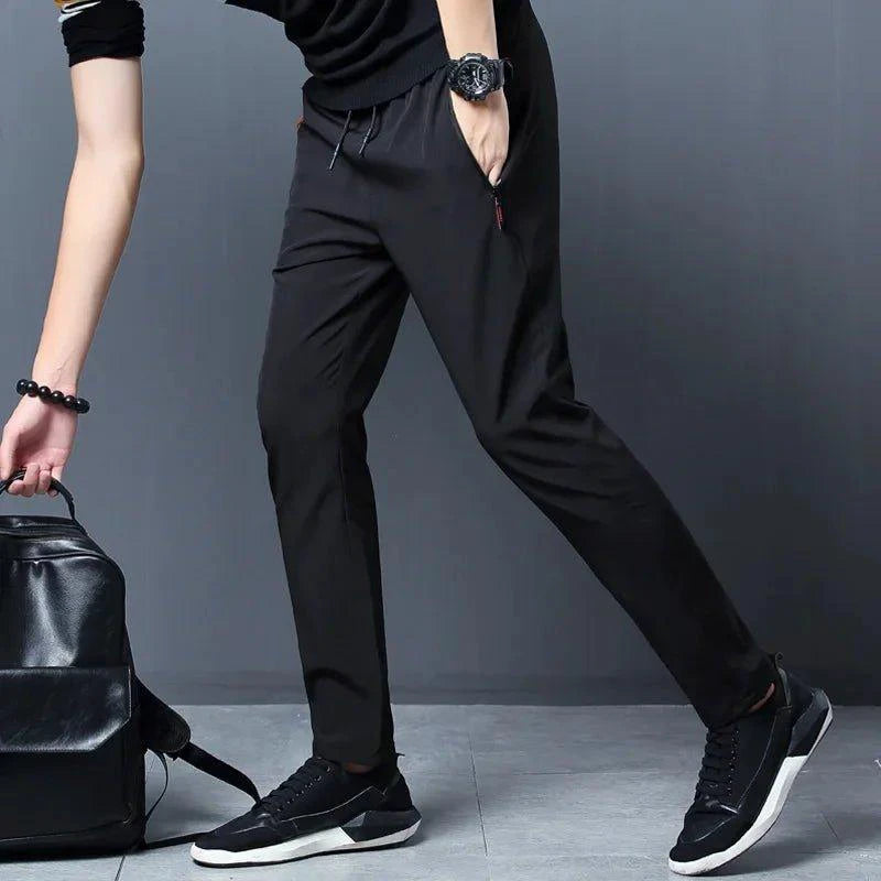 Men's casual jogger pants by MANDOTOS, straight slim fit with elastic waist in blue, black, and gray, plus size Korean-style trousers.